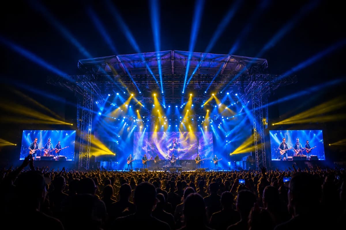 Touring concert stage with blue and amber beams above the audience