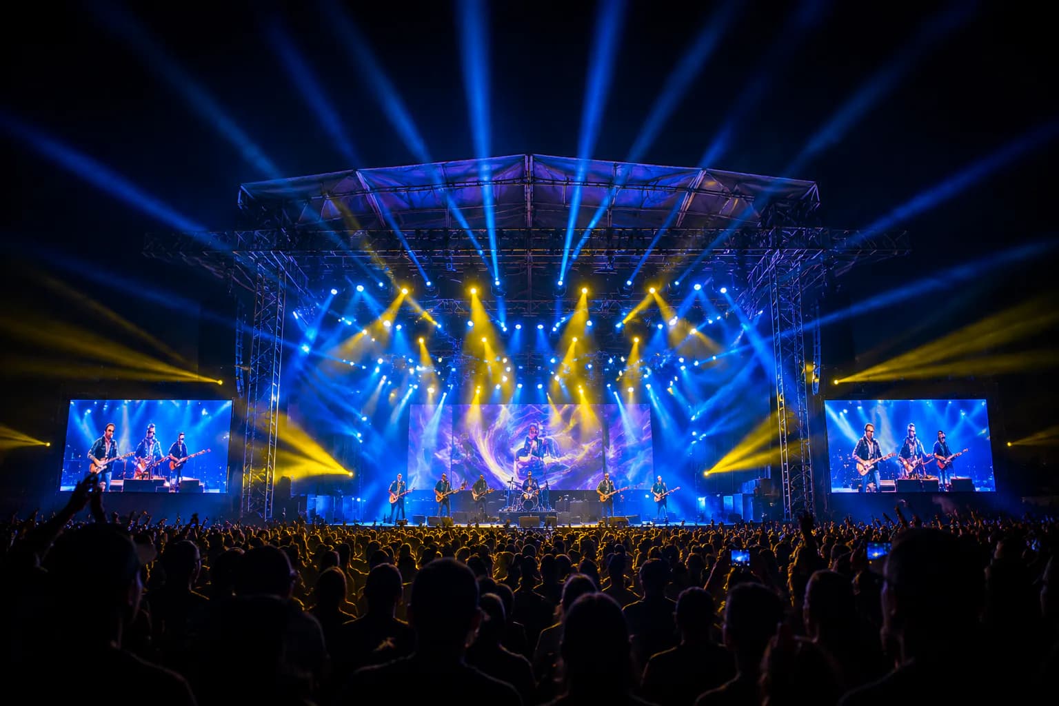 Large concert stage with blue and amber moving light beams above a live audience