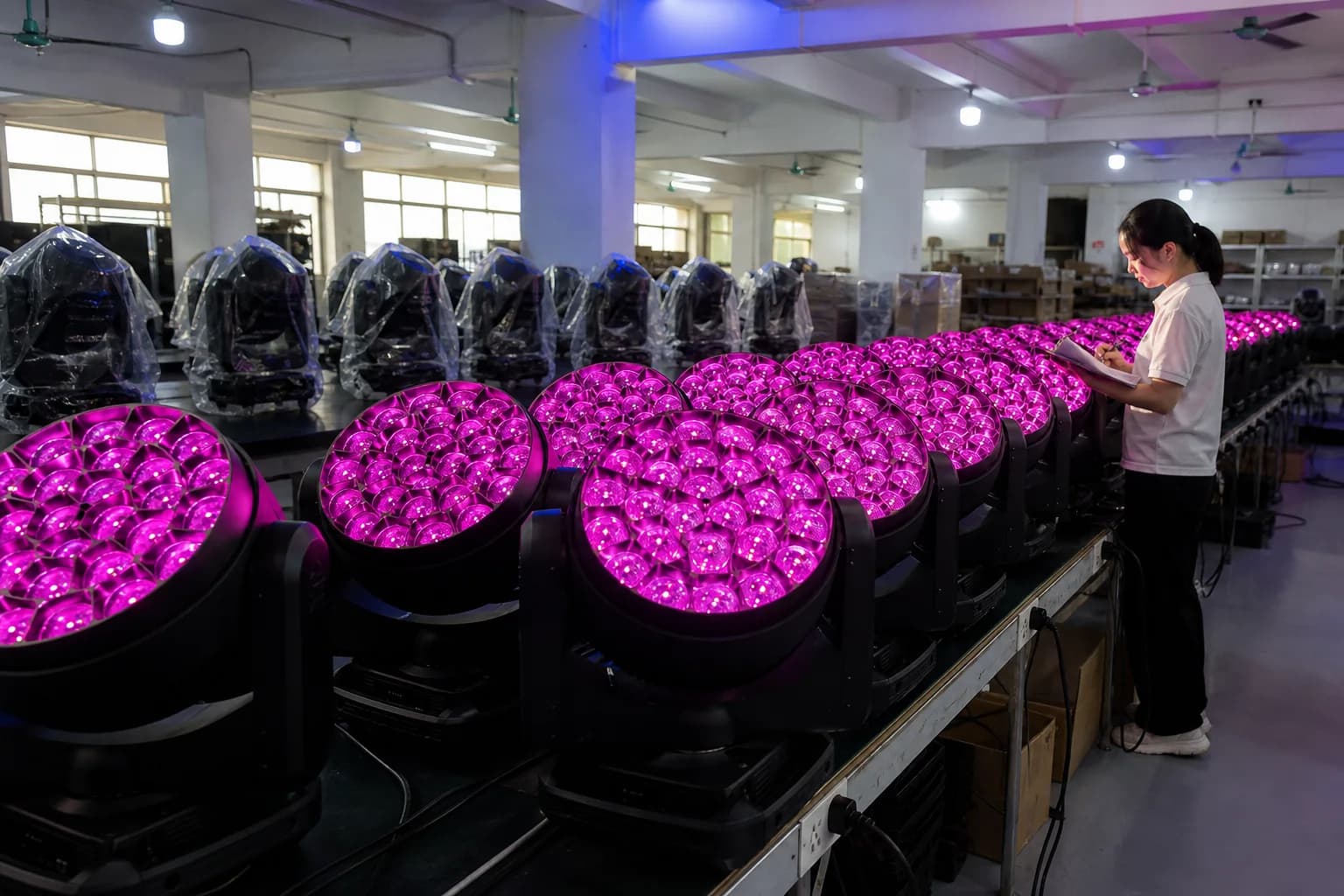 AOLAIT production floor with LED moving head fixtures and an inspection team member