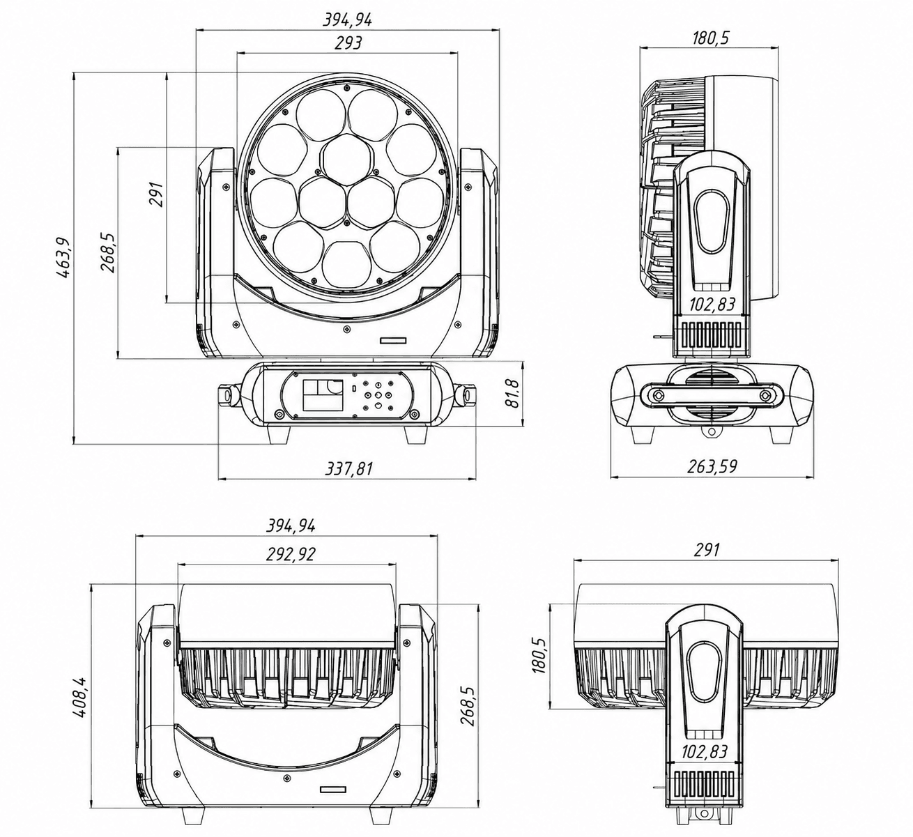 AL1240WZ 12x40W LED wash moving head four-view dimension drawing
