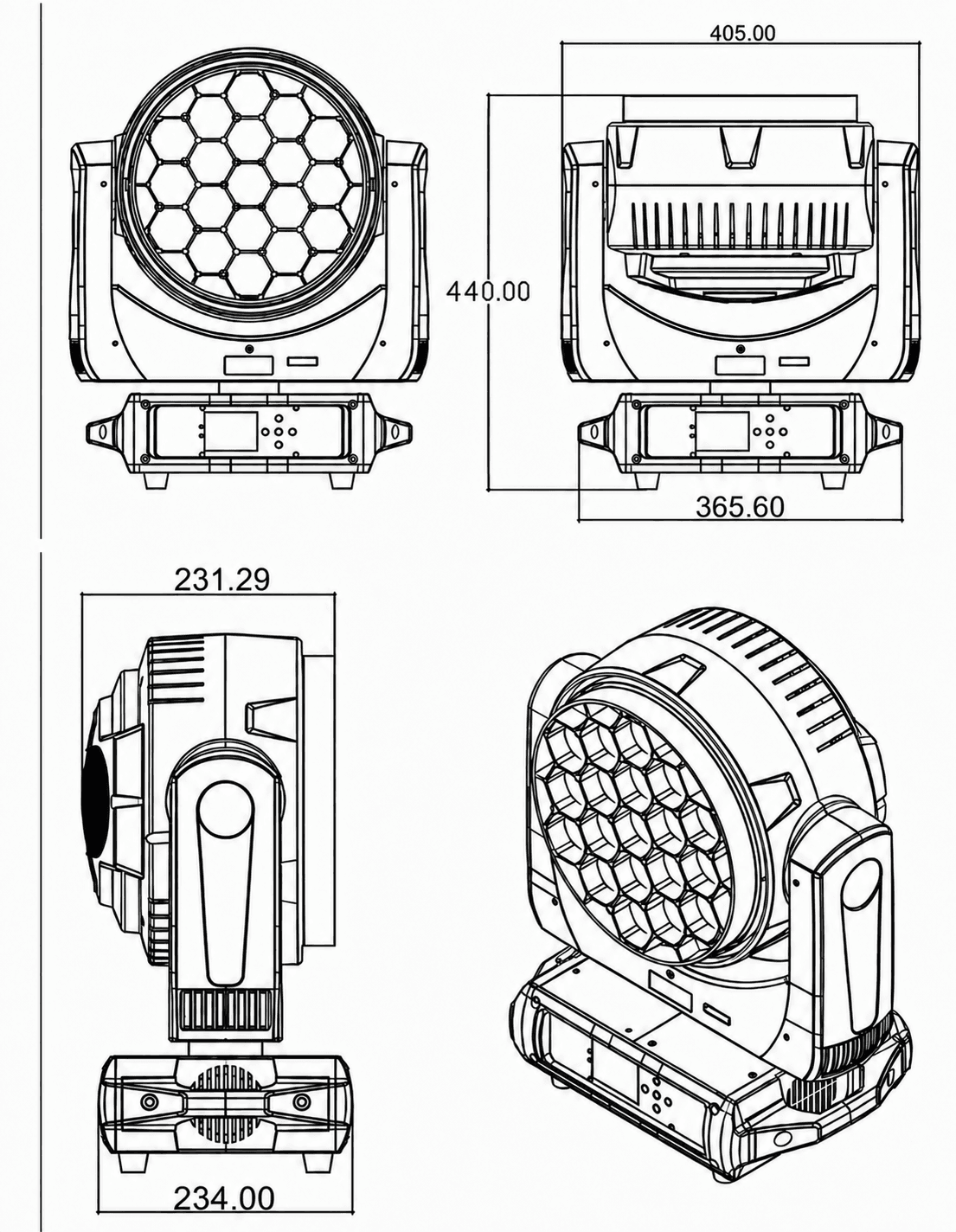 AL1940WZ Bee Eye moving head dimension drawing with black lines and text on white background