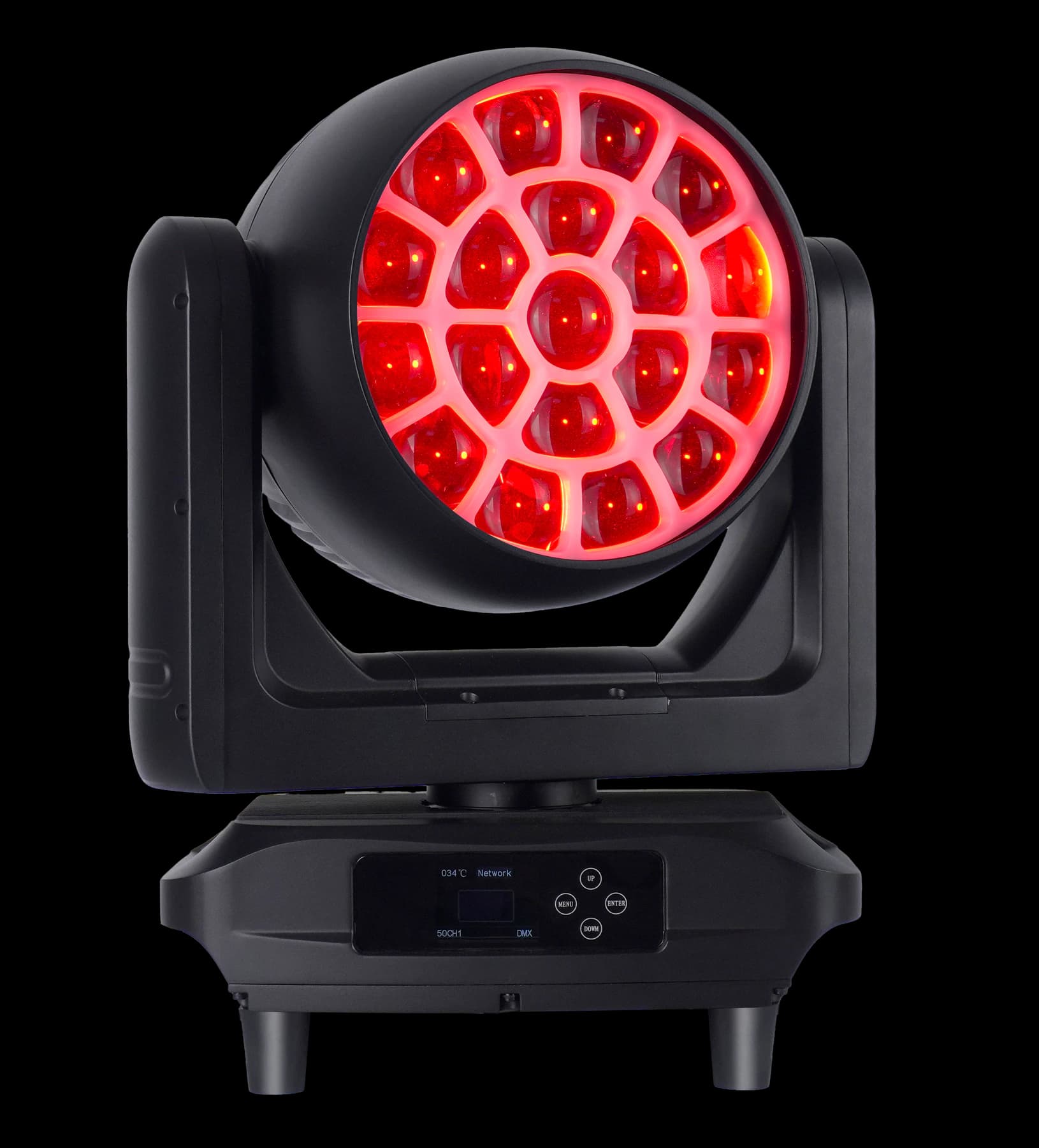 AL1950WX LED wash moving head displaying a saturated red face effect