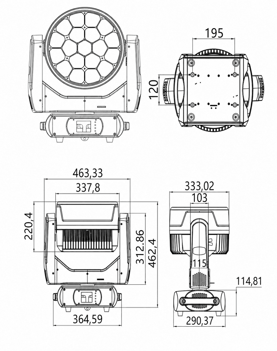 AL1960WR dimension drawing with front, underside, rear and side views in millimetres