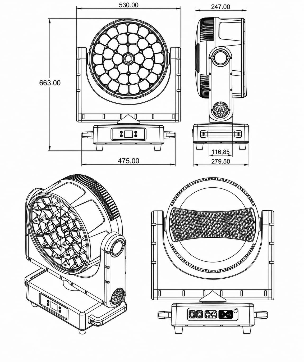ALP3740WR dimension drawing with front, side, rear and three-quarter views