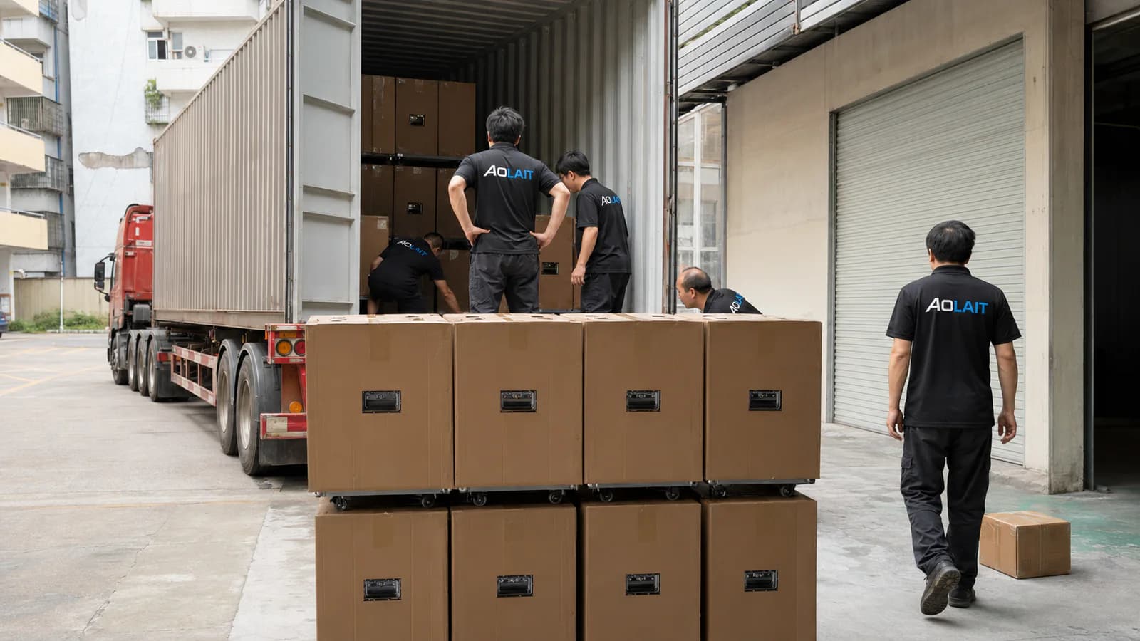 Aolait team loading packed moving-head fixtures into a shipping container