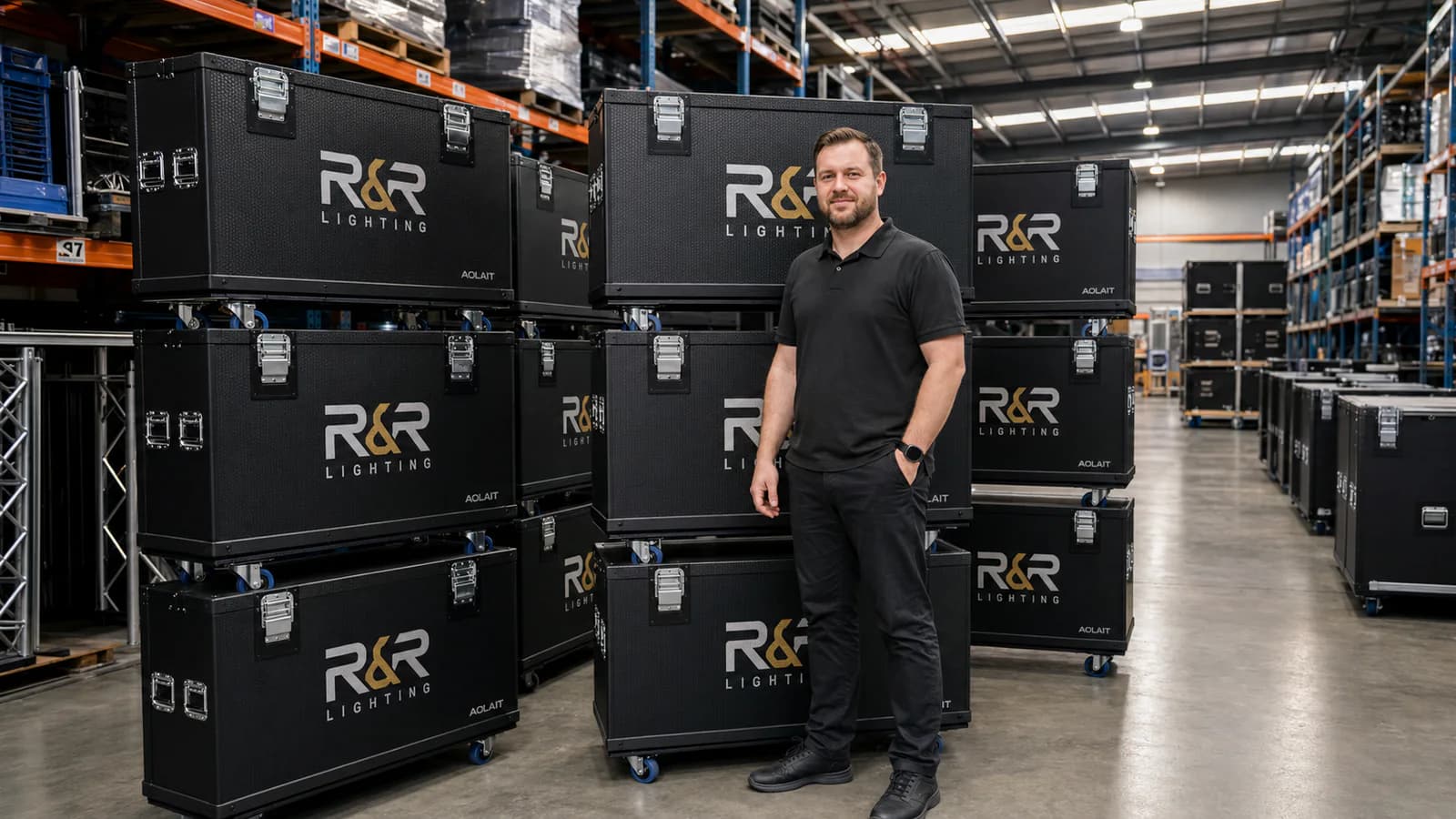 R&R Lighting flight cases arranged in a warehouse