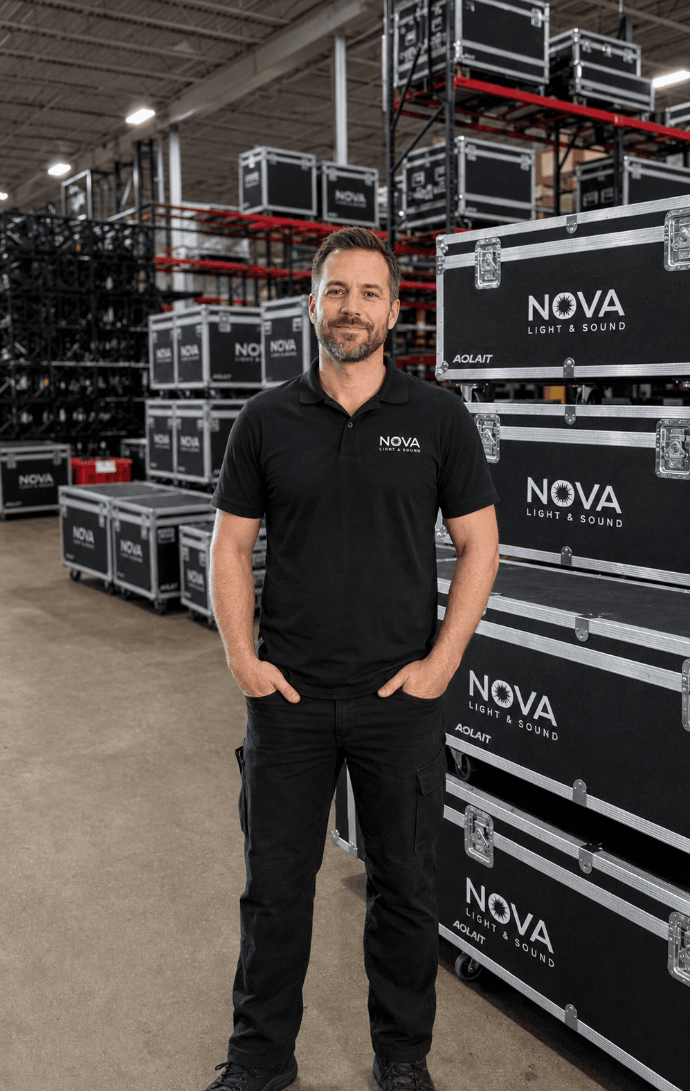 Lighting professional standing among branded road cases in a stage-lighting warehouse