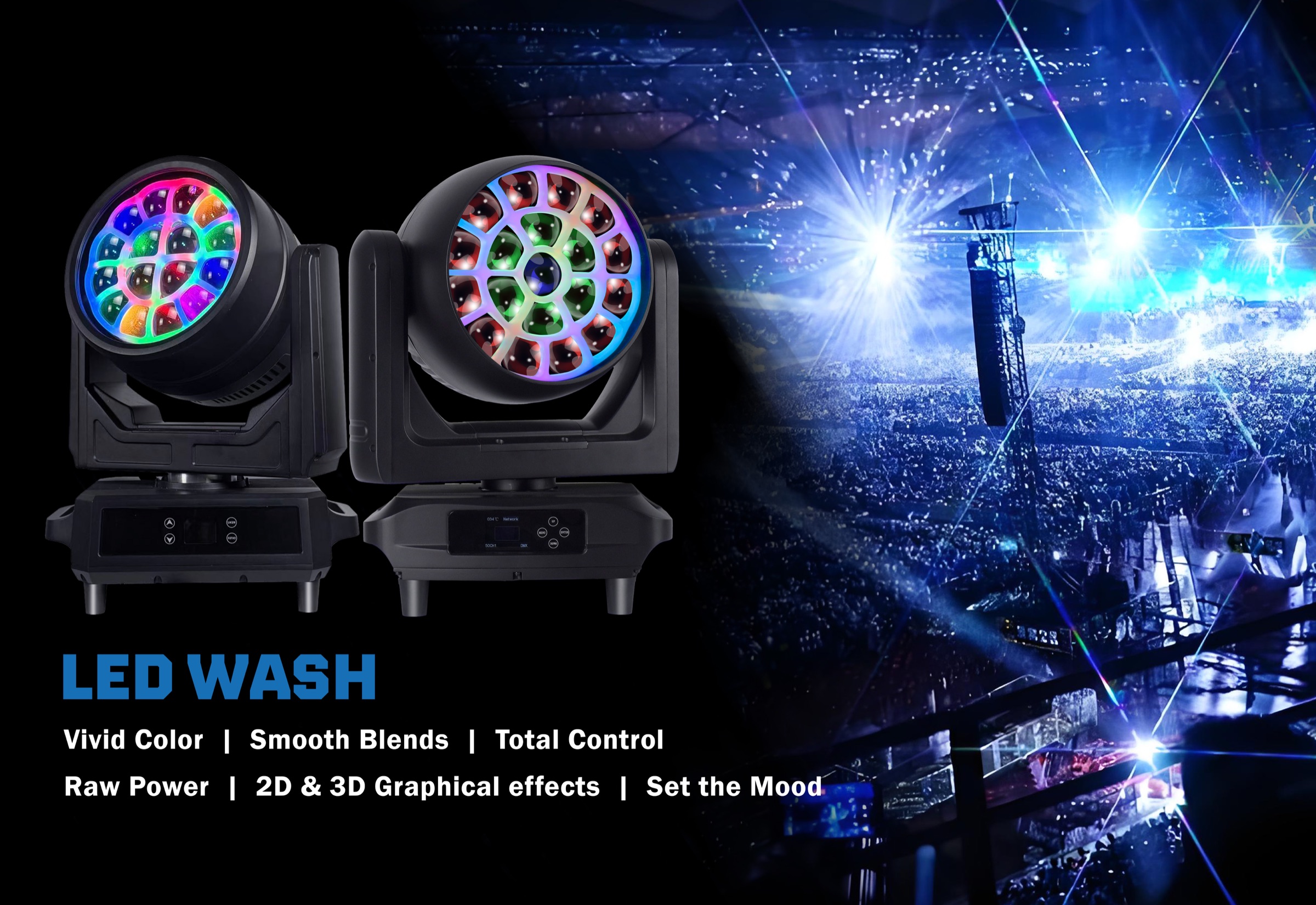 Aolait LED wash moving heads beside a large concert stage