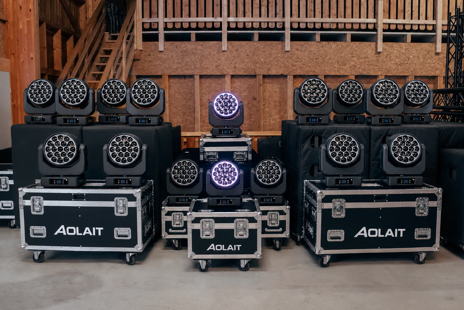 Aolait LED moving head fixtures and branded flight cases prepared for shipment