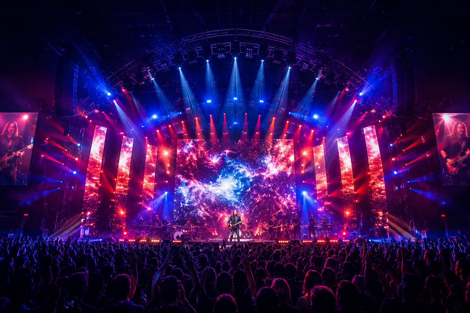 Large concert arena with layered red and blue stage lighting