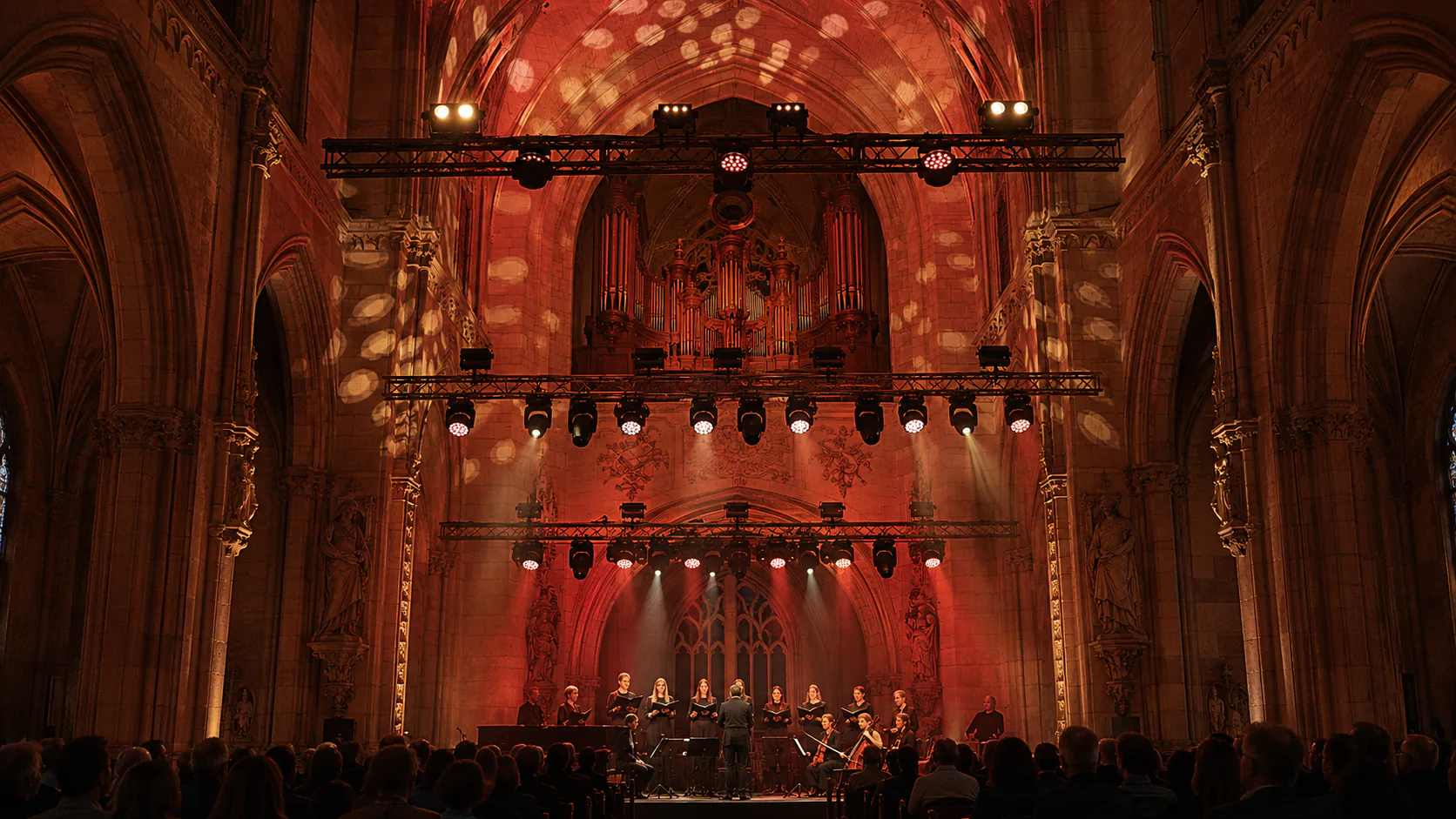 House of worship stage with warm wash lighting and overhead moving head fixtures