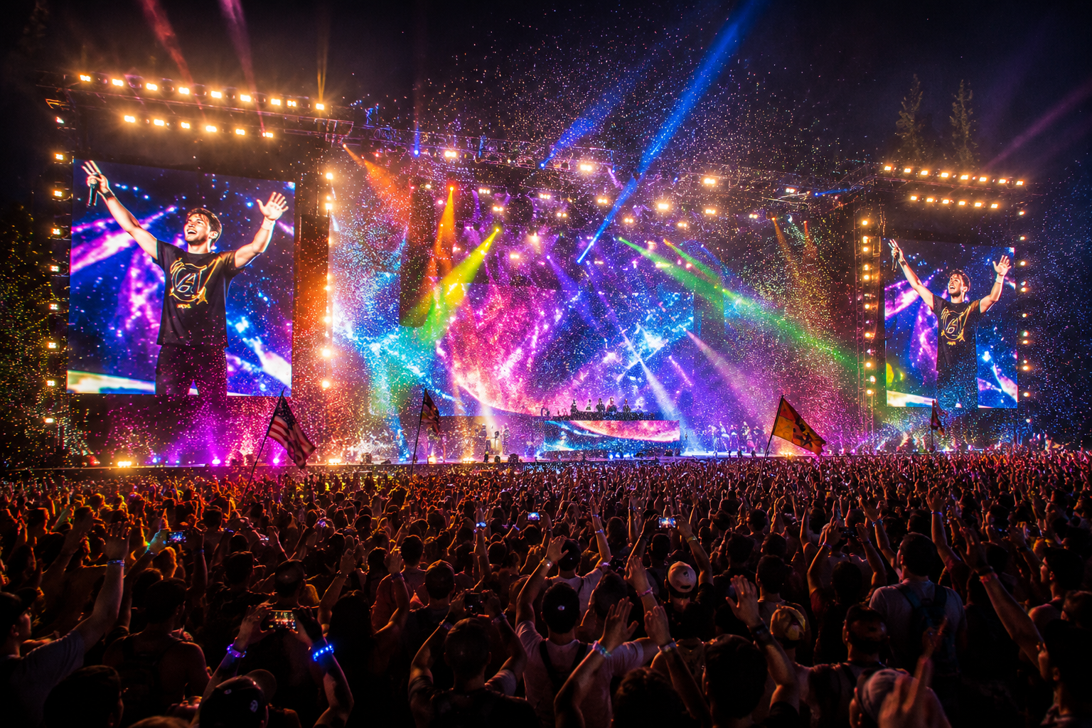 Outdoor festival stage with a large audience and multicolor lighting