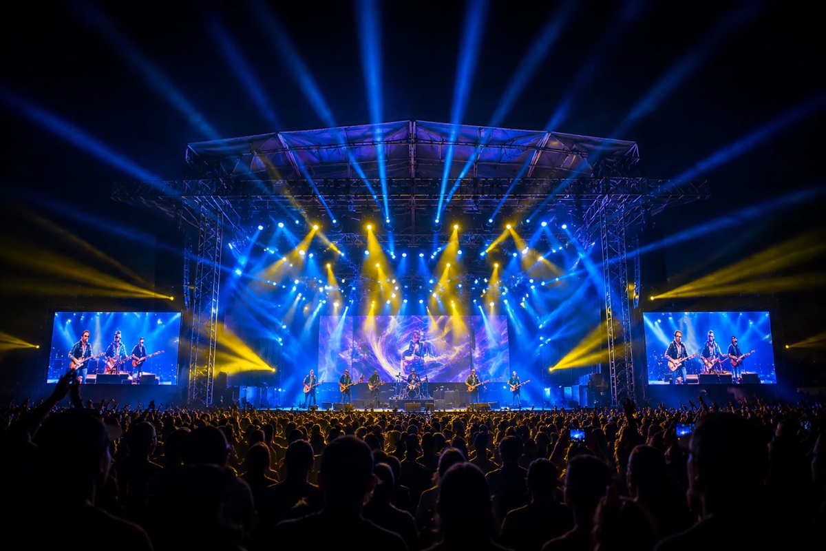 Touring concert stage with blue and amber beams above the audience