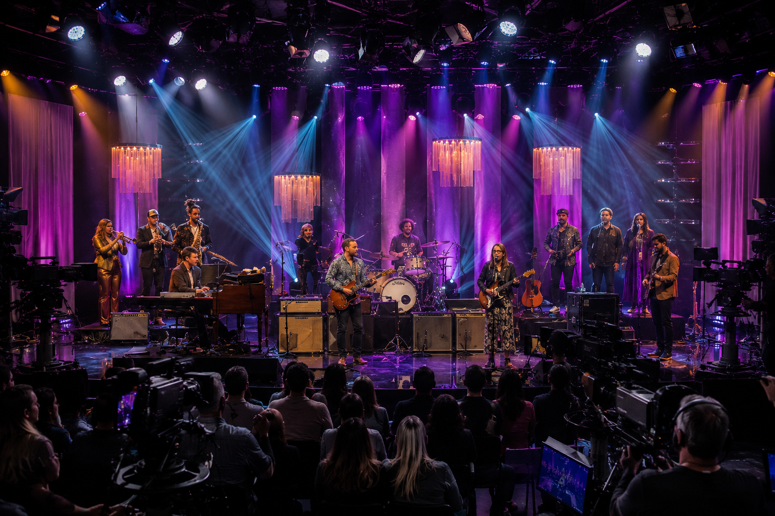 Live studio production with cameras, musicians and purple stage lighting