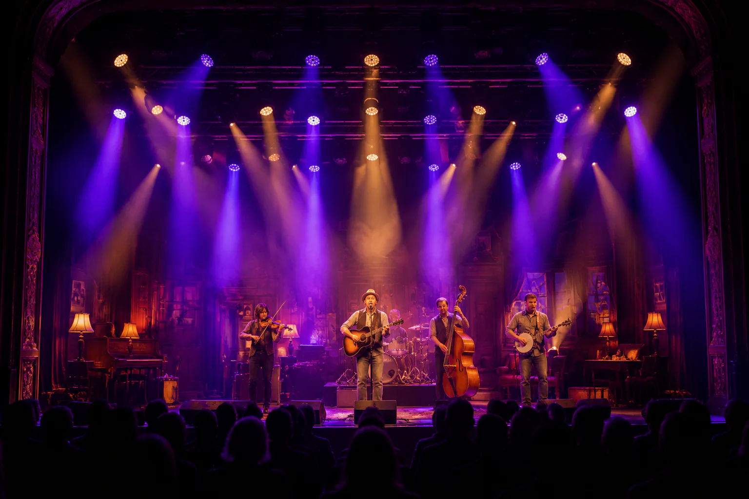 Theatre performance under purple and warm amber stage lighting