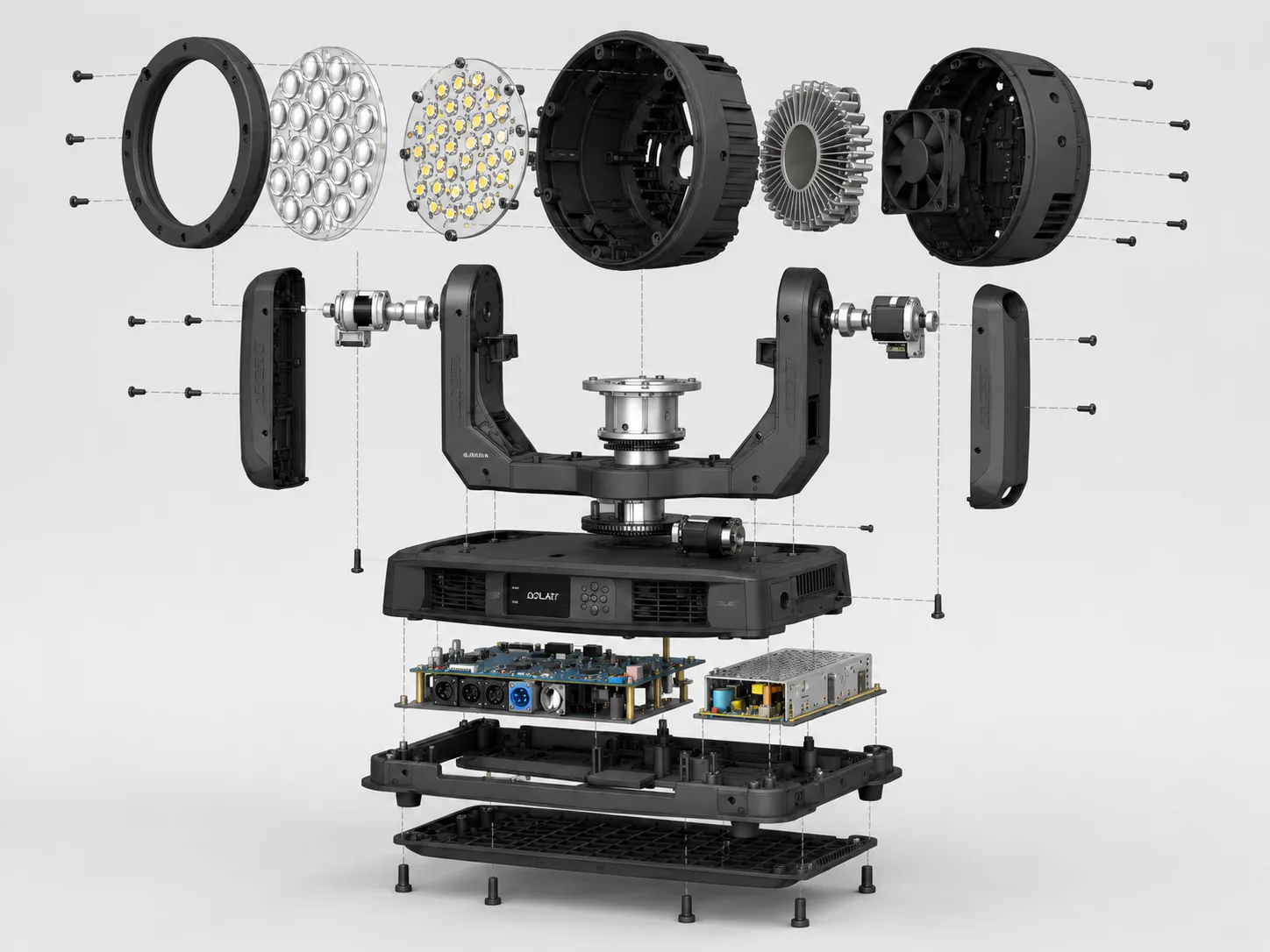 Exploded technical visualization of a generic multi-cell moving head