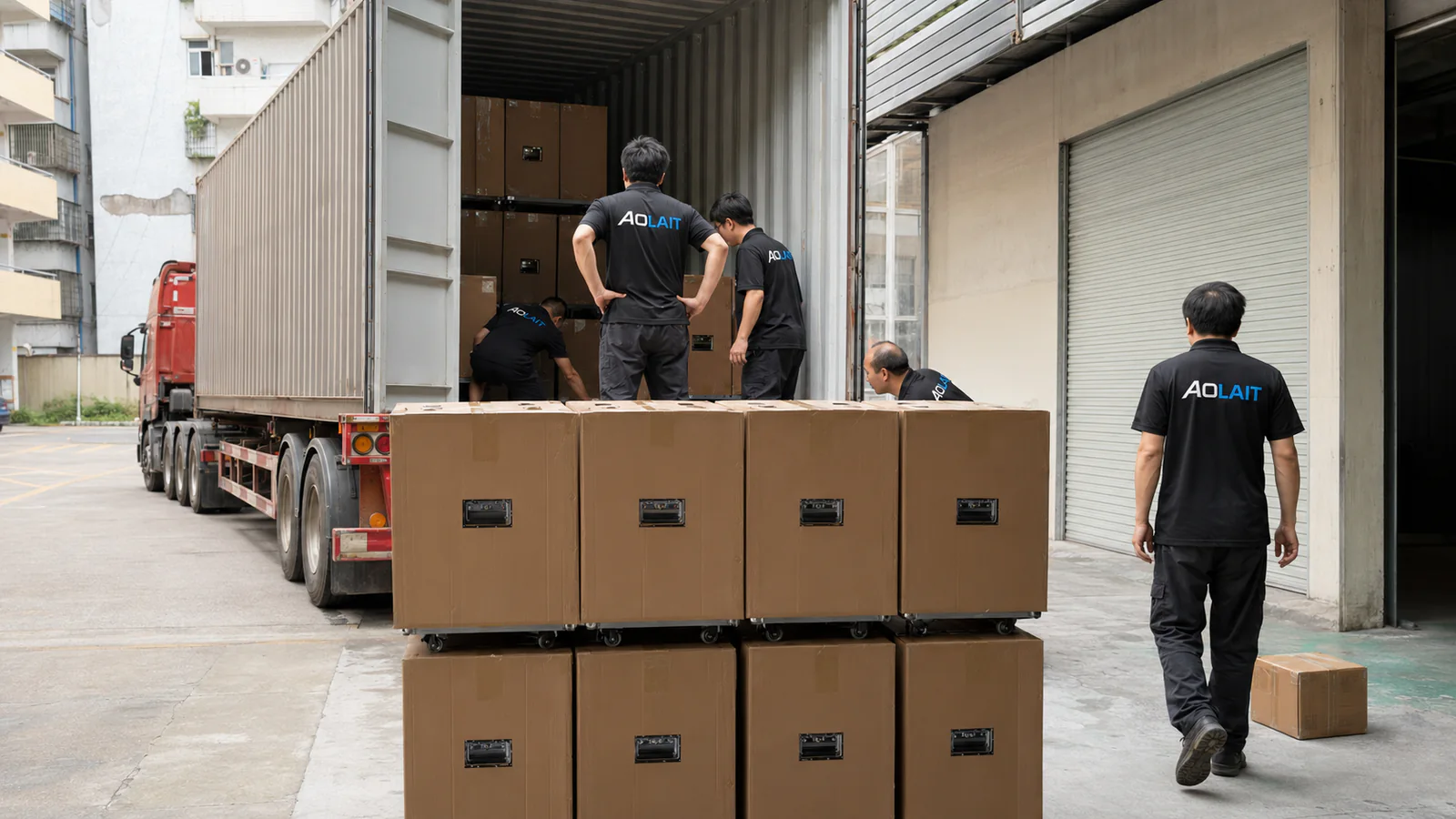 Aolait team loading packed moving-head fixtures into a shipping container