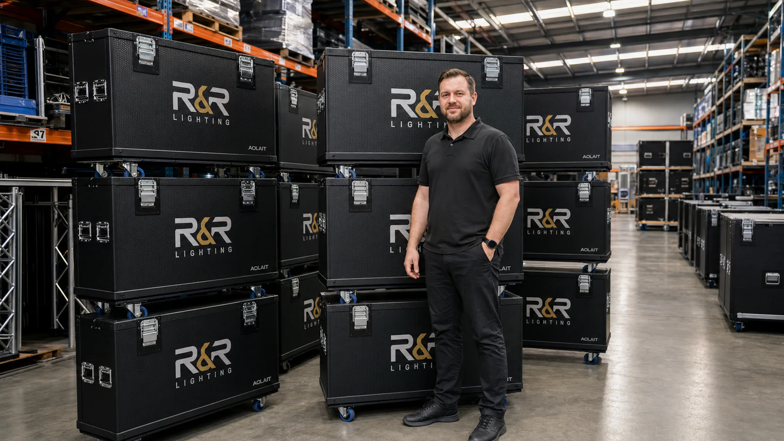 R&R Lighting flight cases arranged in a warehouse