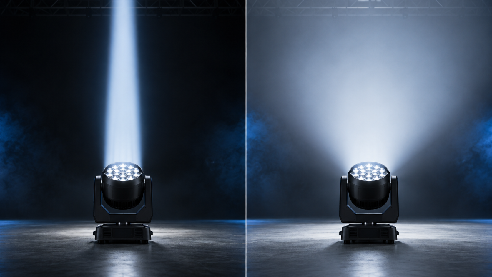 Illustrative Zoom Wash moving head showing narrow and wide optical fields