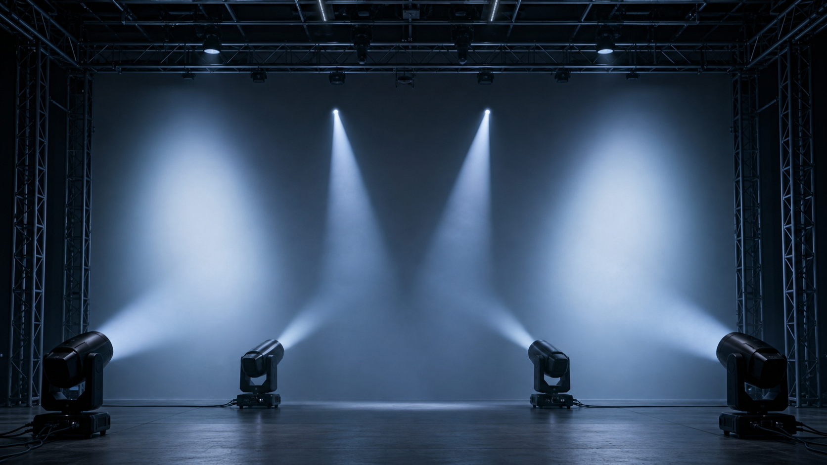 Quatro Moving Heads genéricos com zoom wash demonstrando cobertura azul-branca estreita e ampla em um estágio de teste