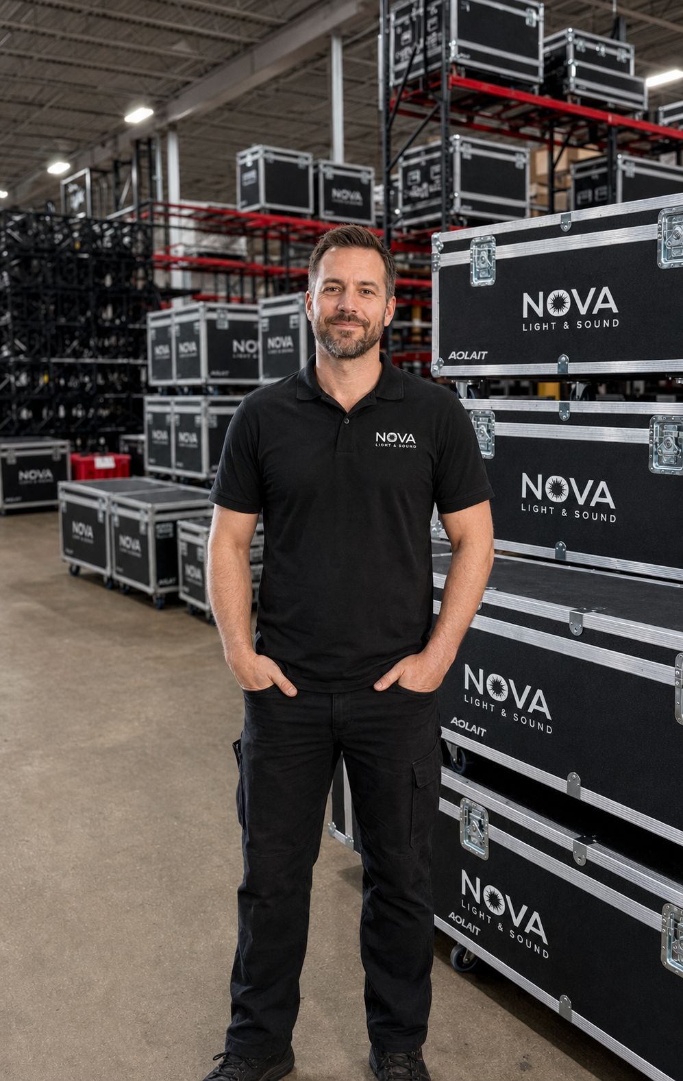 Lighting professional standing among branded road cases in a stage-lighting warehouse