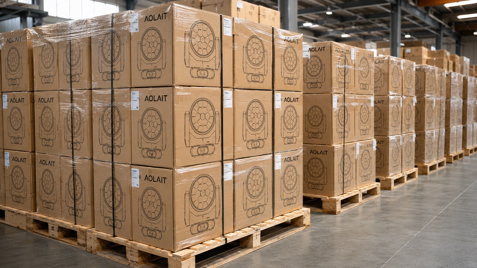 Aolait packed fixture cartons prepared for shipment coordination