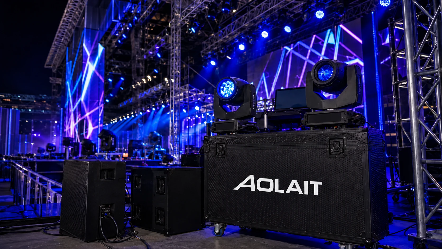 Aolait moving head lights and flight case at a professional stage setup