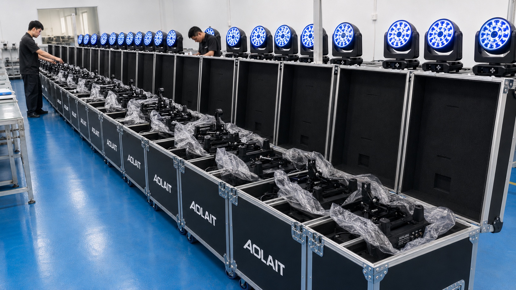 Aolait moving heads and flight cases prepared for product evaluation planning