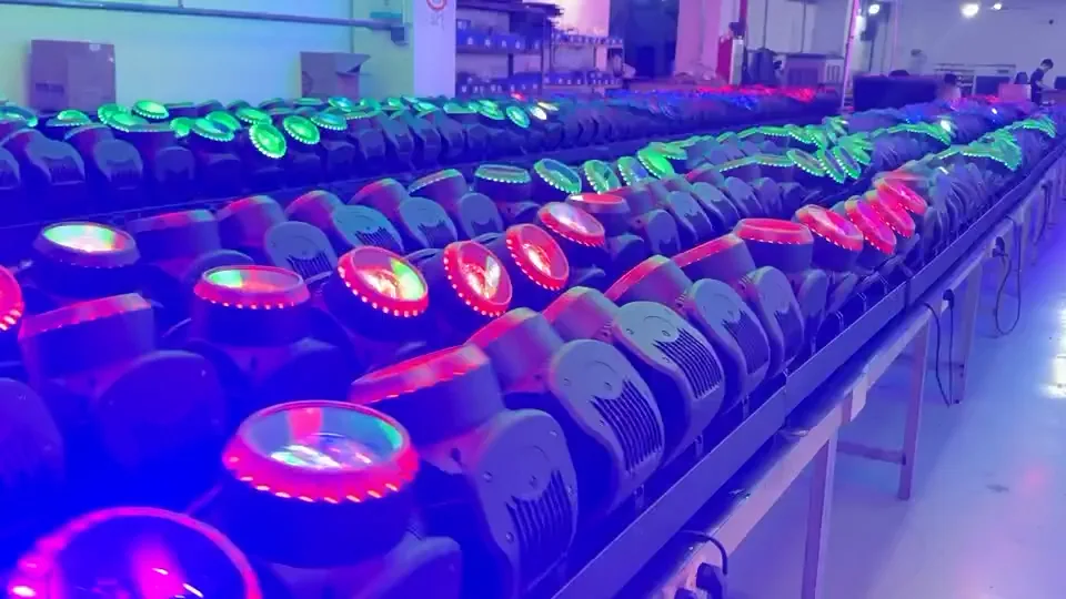 Rows of Aolait moving heads operating during a powered factory function test