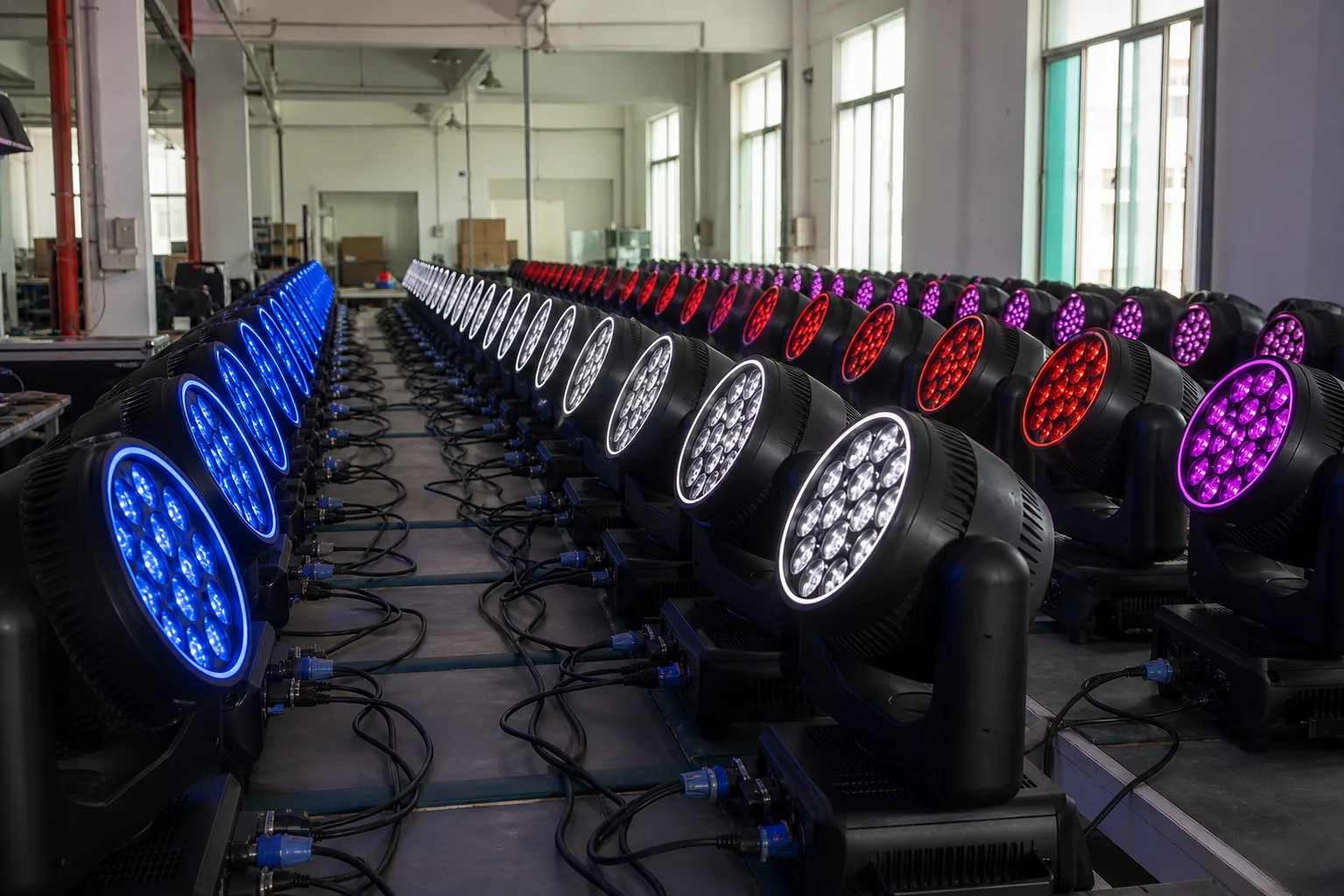 Rows of LED wash moving heads operating in blue white red and magenta during a factory aging test