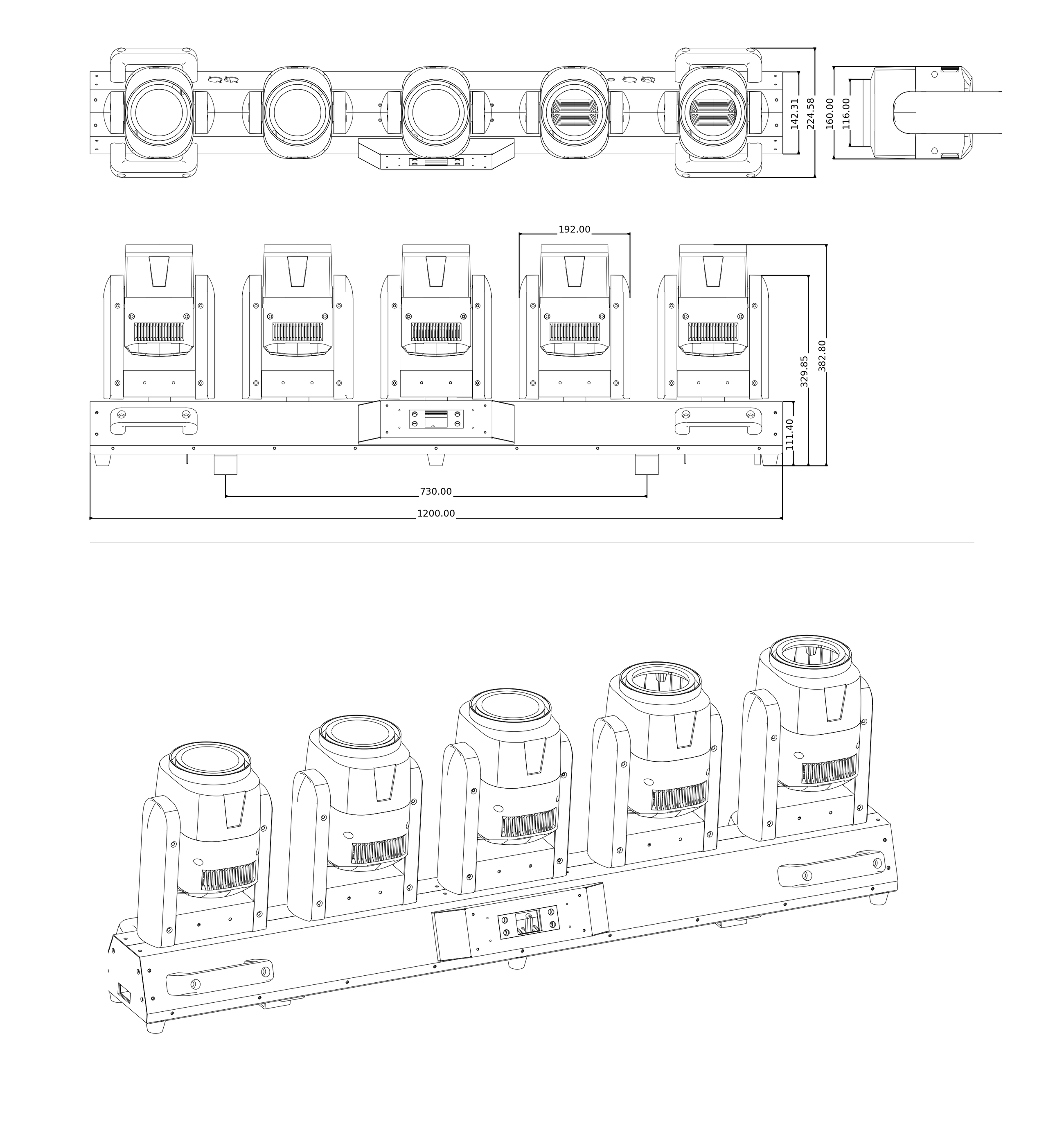 AL0580T five-head LED Tornado Moving Head dimension drawing