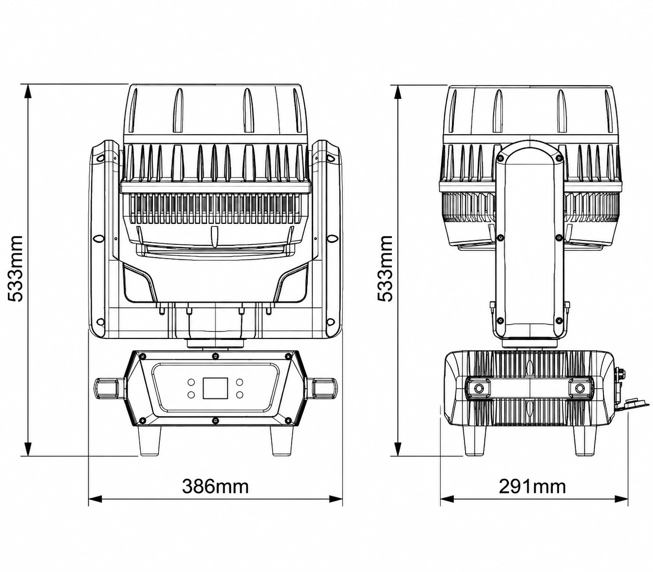 AL0760WP dimension drawing showing 386 mm width, 291 mm depth and 533 mm height