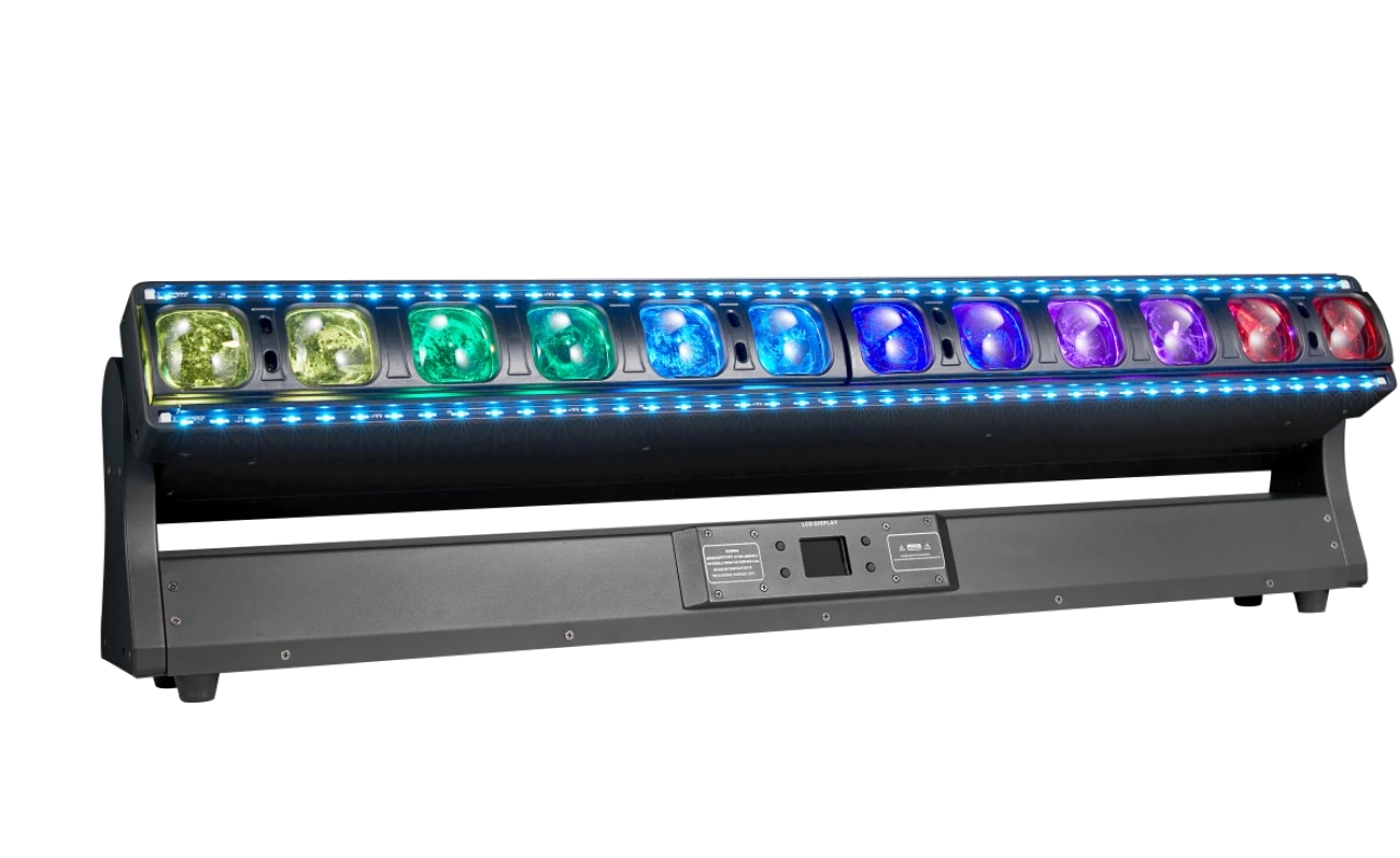 AL1240WB 12x40W RGBW LED moving head bar in a multicolor output state