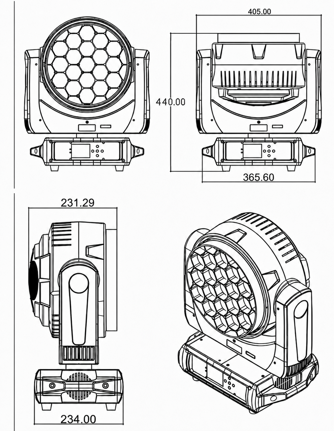 AL1940WZ Bee Eye moving head black line dimension drawing
