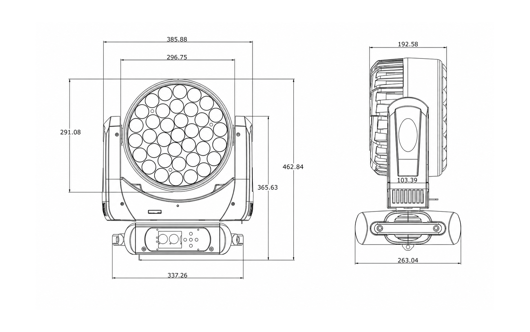 AL3715WZ 37x15W LED wash moving head front and side dimension drawing