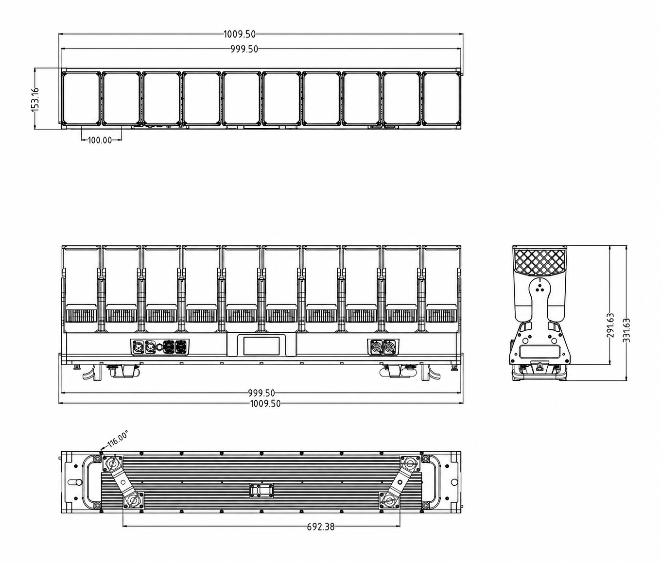 ALP1080WV dimension drawing with front rear side and bottom views