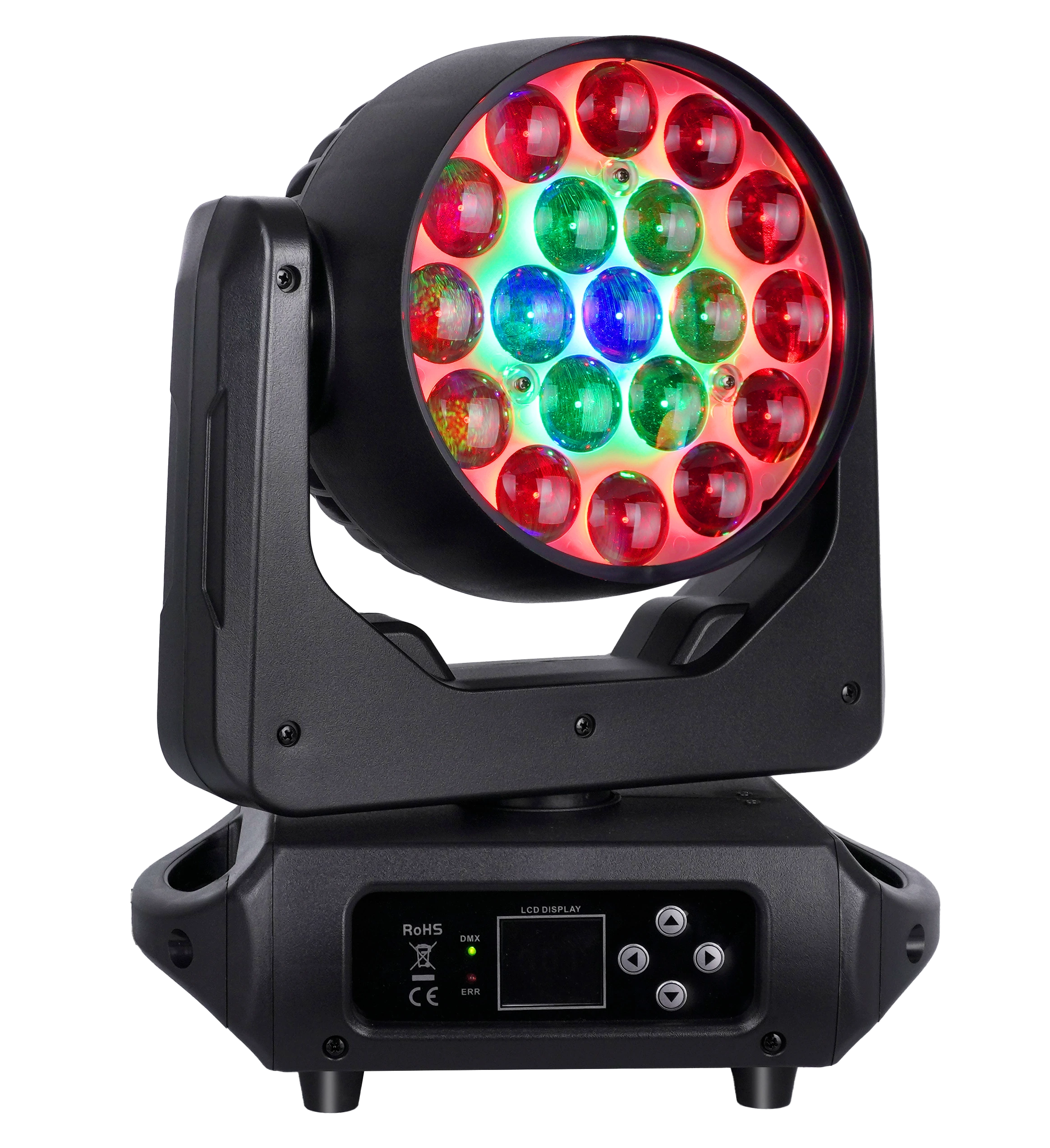 C08 19x15W RGBW LED wash moving head illuminated front three-quarter view