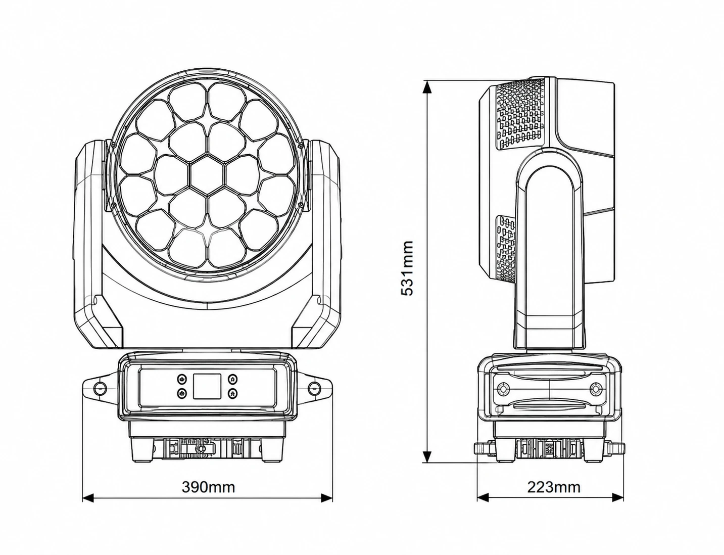 W09 dimension drawing showing 390 mm width, 223 mm depth and 531 mm height